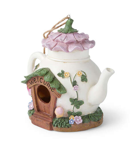 Whimsical Teapot Fairy House Birdhouse – 8" Resin Garden Décor