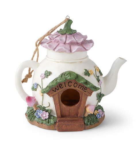 Whimsical Teapot Fairy House Birdhouse – 8" Resin Garden Décor