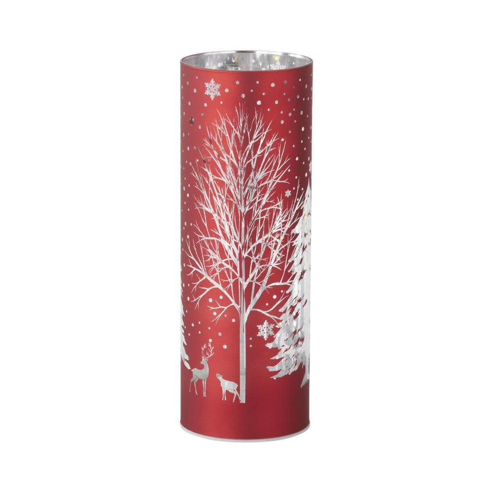 Red Laser Engraved Winter Scene LED Cylinder – 10"