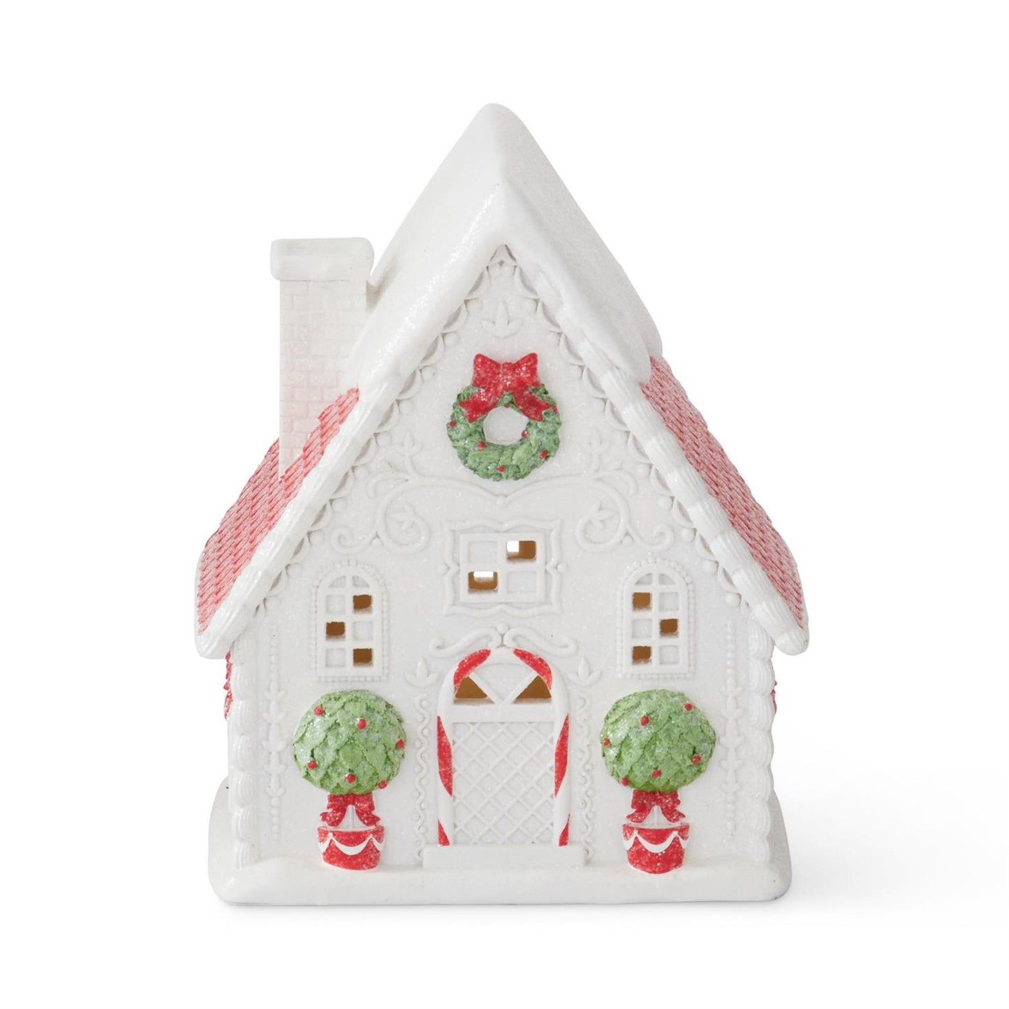 10" Gingerbread House with LED Lights – White, Red, and Green Christmas Decor