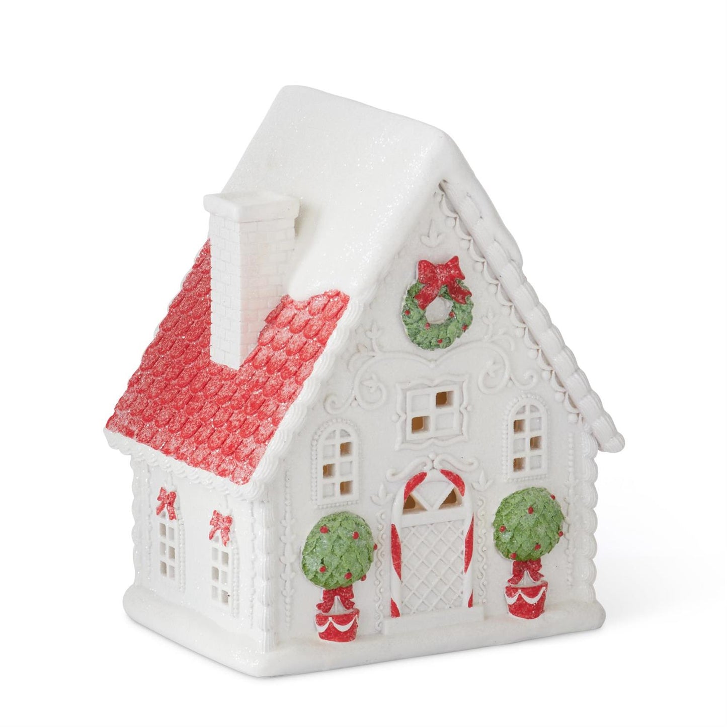 10" Gingerbread House with LED Lights – White, Red, and Green Christmas Decor