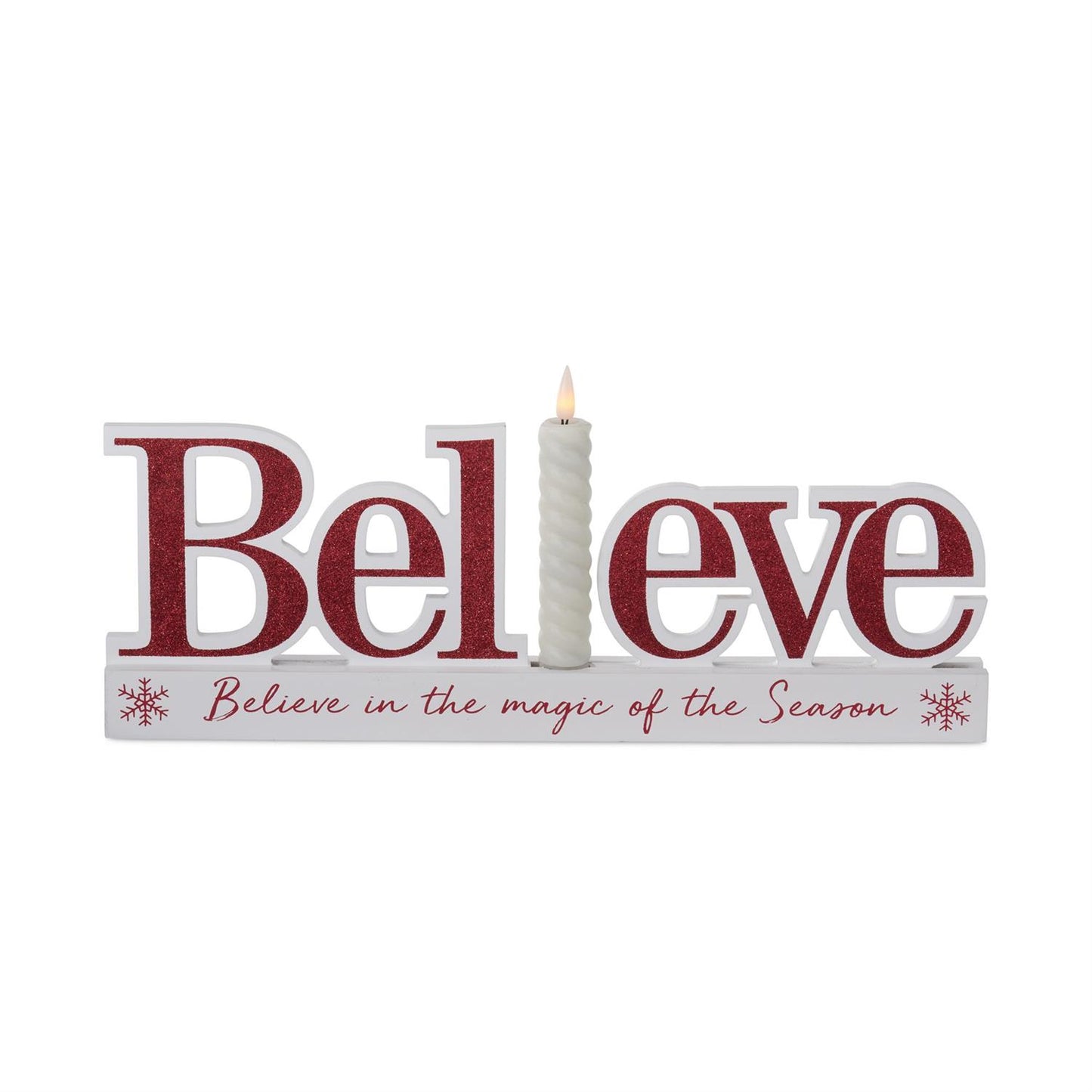 15" Red Glitter “Believe” Table Sign with Flameless Candle – Christmas Holiday Decor