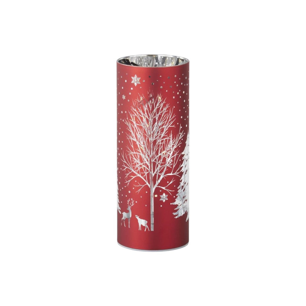 Red Laser Engraved Winter Scene LED Cylinder – 8"