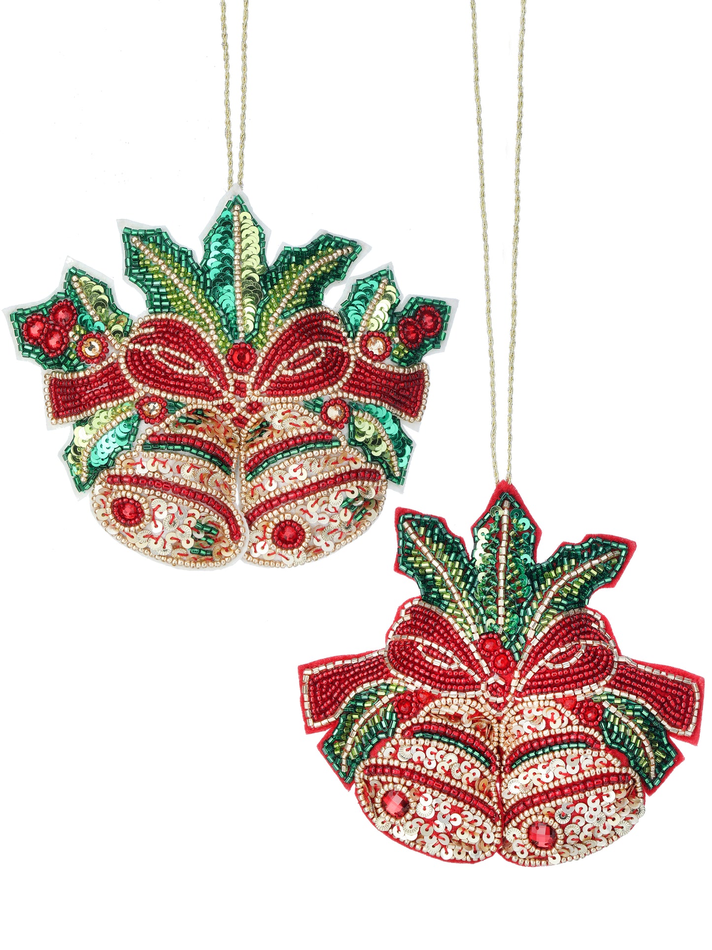 5.5" Sequin with Bead Bell Ornament – Set of 2 Hand-Beaded Christmas Decorations