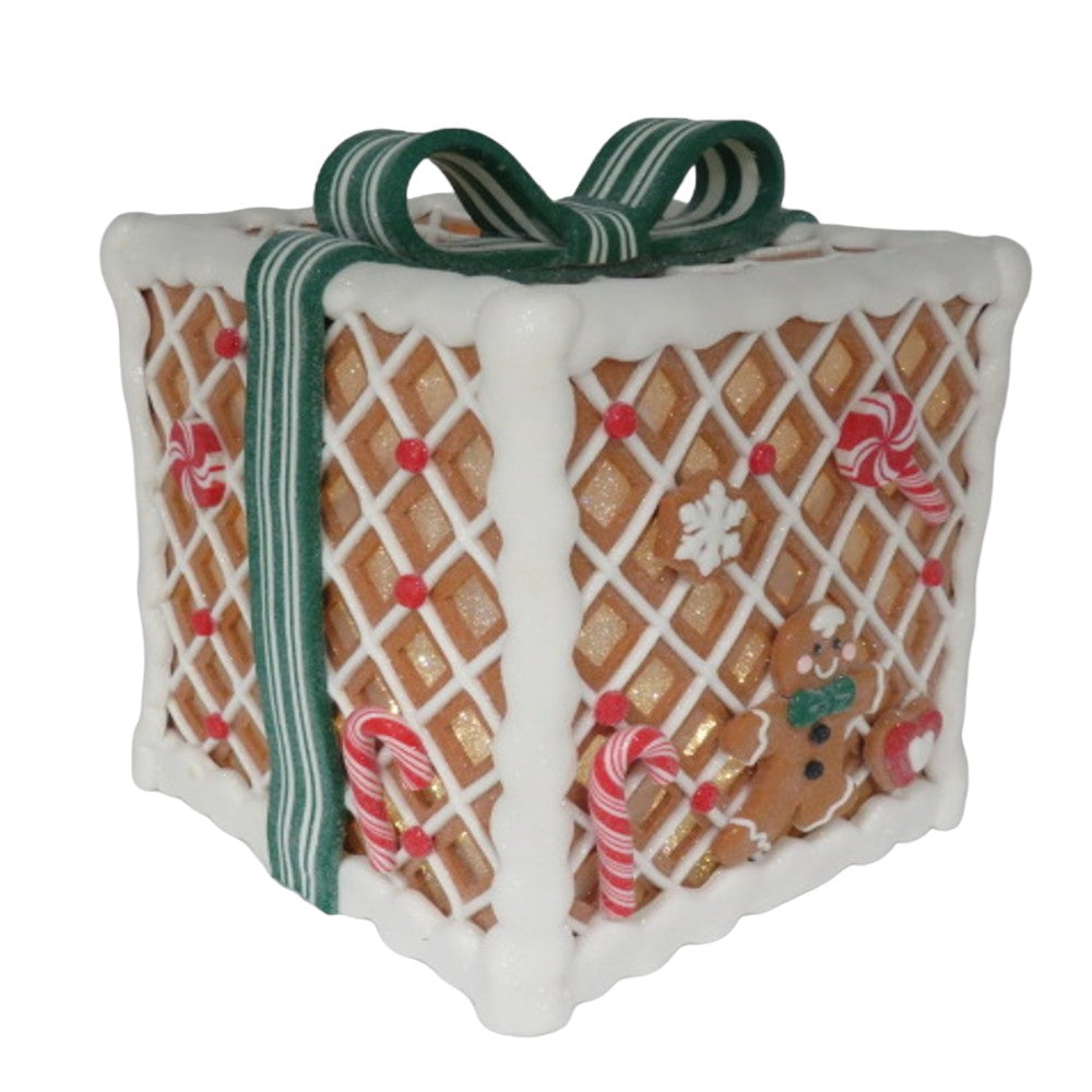 7.9" LED Gingerbread Candy Gift Box with Bow Christmas Decoration- Green