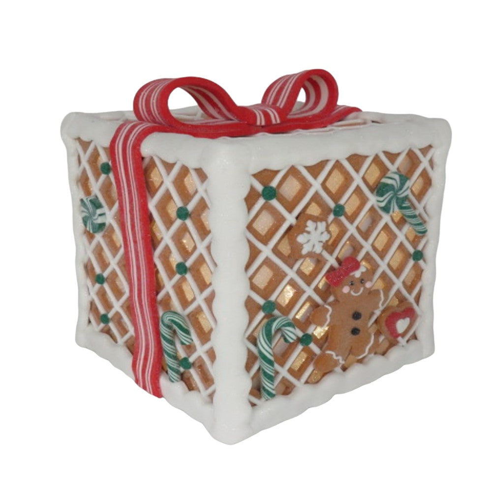 7.9" Gingerbread Candy Gift Box Christmas Decoration with Bow - Red
