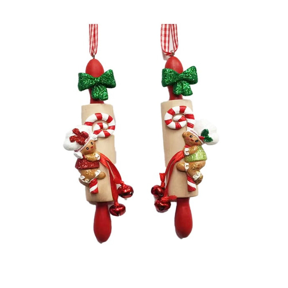 5" Gingerbread Boy & Girl on Rolling Pin Ornaments – Set of 2 Resin Christmas Decorations