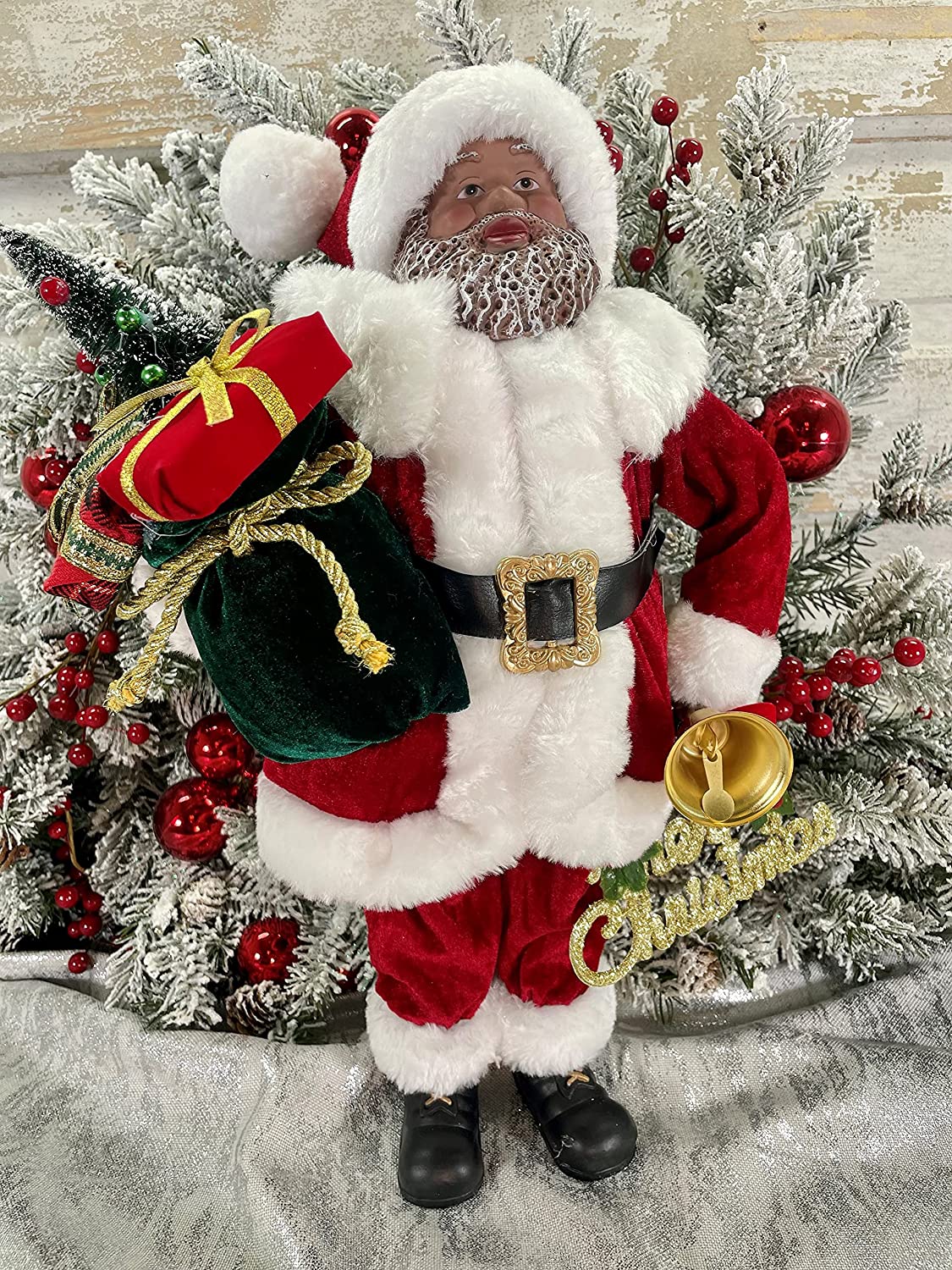 19" Velvet Resin Black Santa with Fur: Elegant Holiday Decoration with Luxurious Detailing