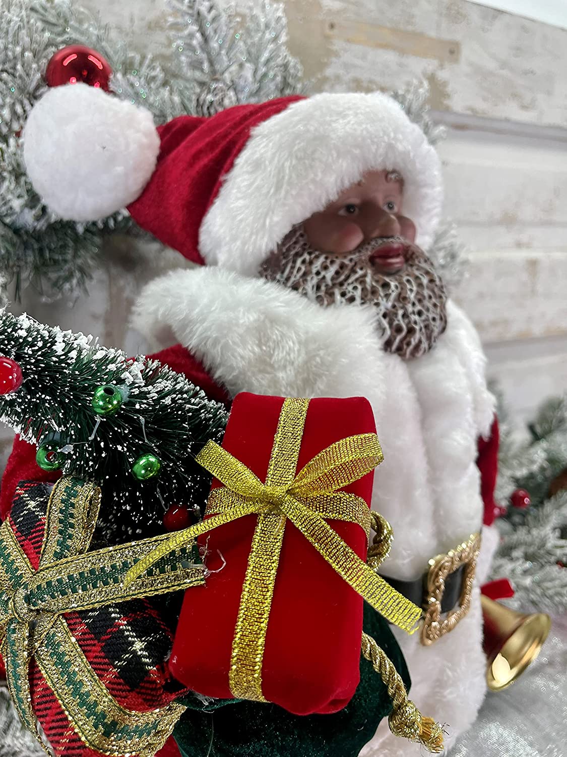 19" Velvet Resin Black Santa with Fur: Elegant Holiday Decoration with Luxurious Detailing
