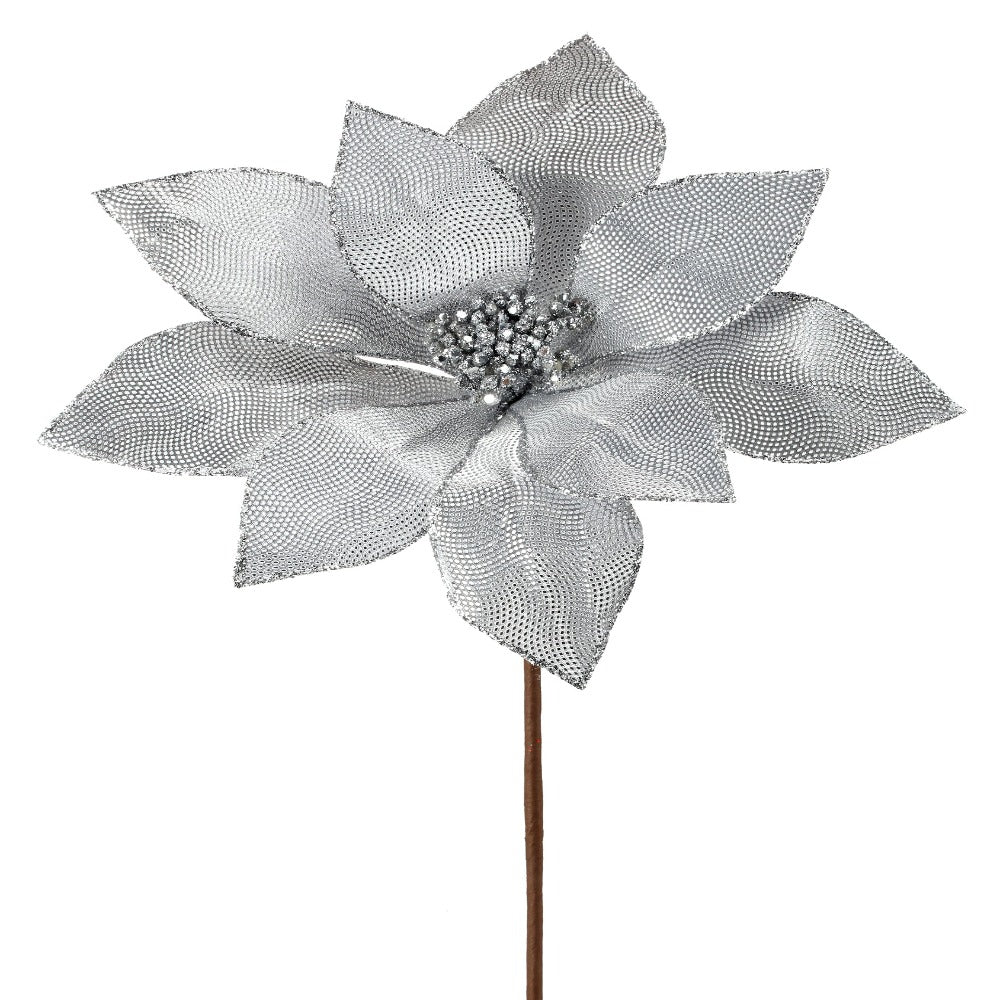 24" Silver Metallic Mirror Fabric Poinsettia Flower – Stylish Christmas Floral Decoration