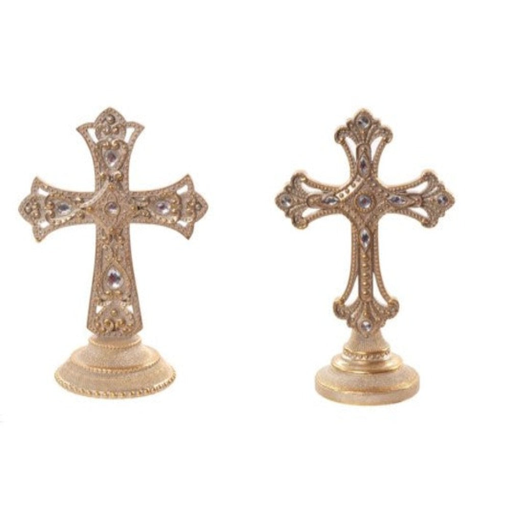 9" Gold Jeweled Cross on Base – Elegant Religious Christmas Decor