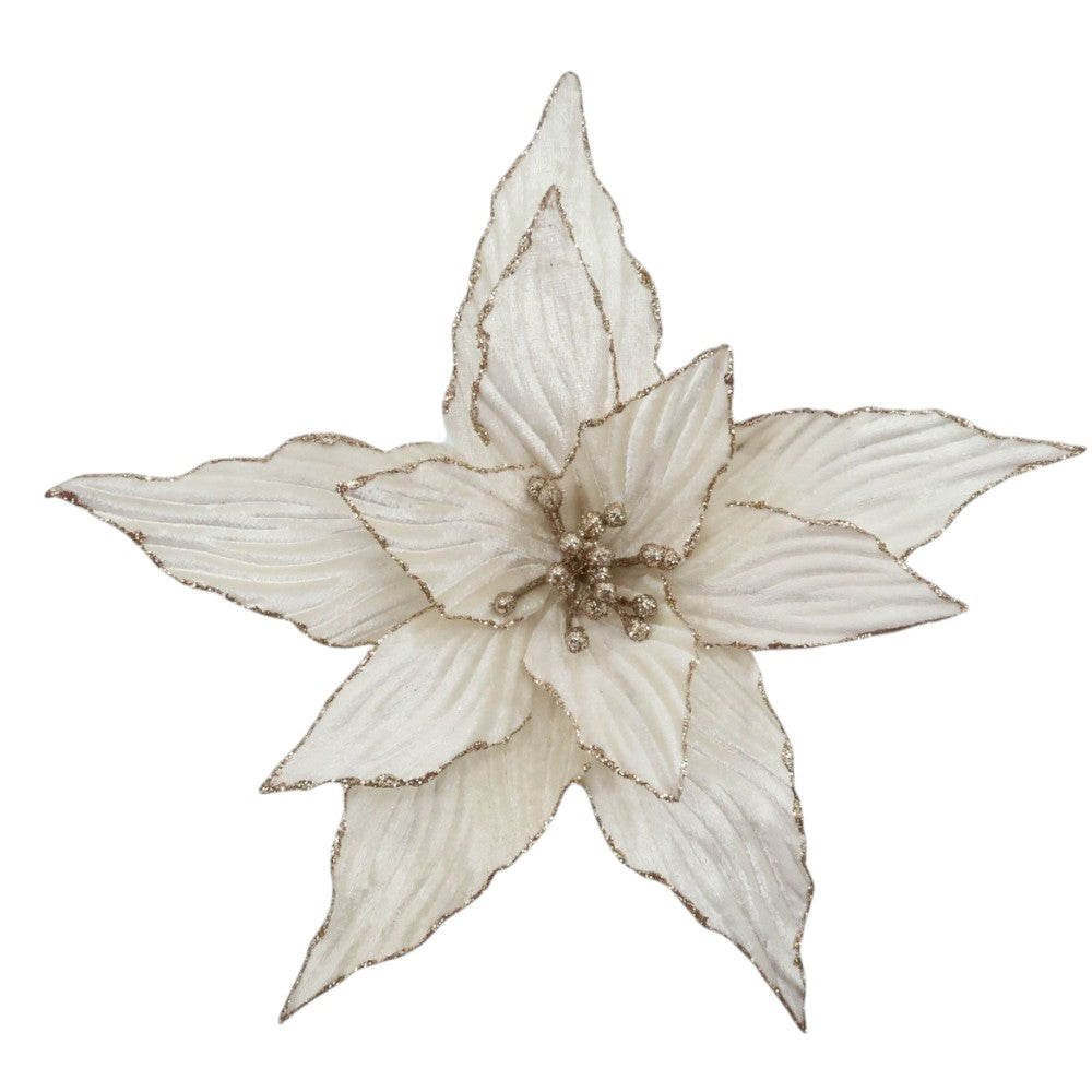 16"-Champagne Gold Poinsettia Pick – Elegant Glittered Christmas Tree Flower Decoration
