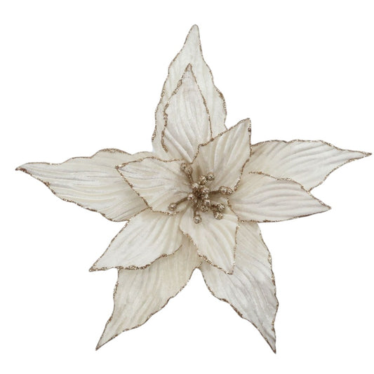 16"-Champagne Gold Poinsettia Pick – Elegant Glittered Christmas Tree Flower Decoration