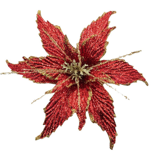 18" Red Glitter Poinsettia Pick with Gold Accents