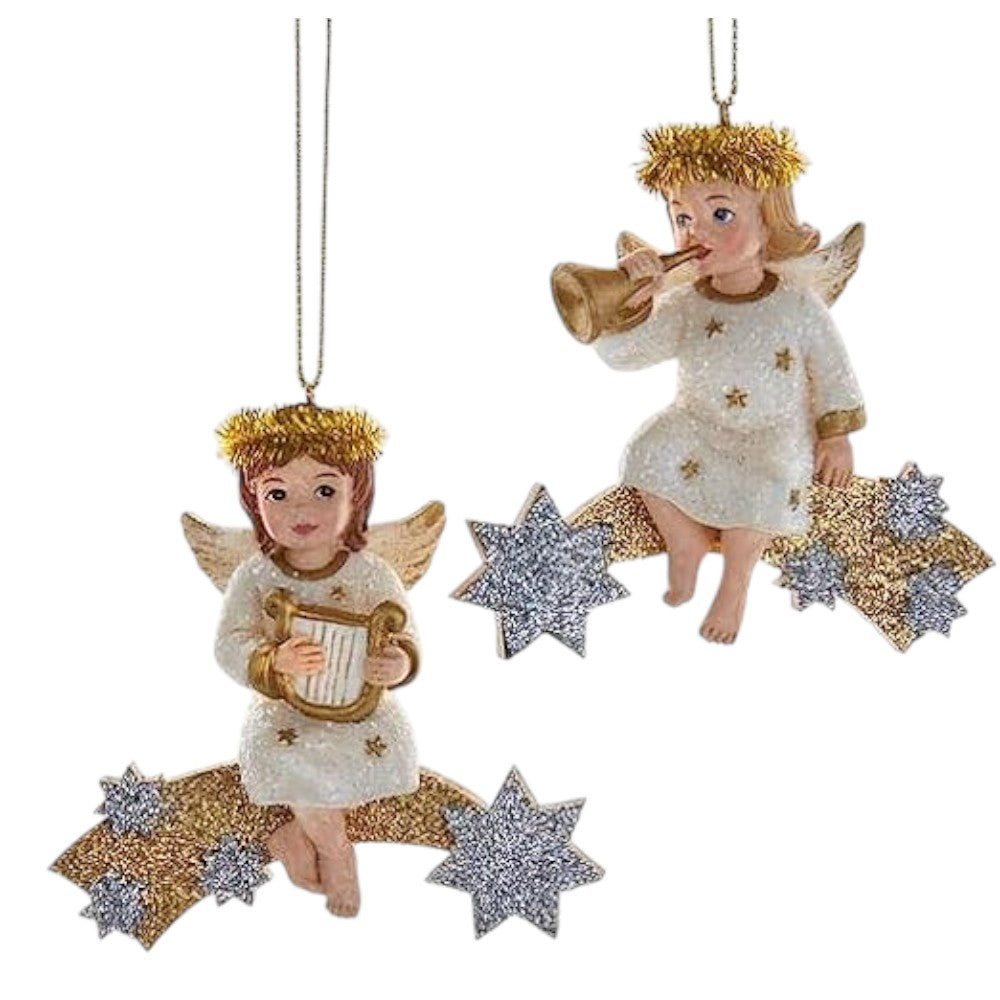 3.5" German Angel on Shooting Star Ornaments – Set of 2 Assorted Resin Christmas Decorations