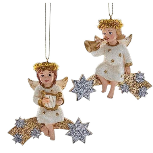 3.5" German Angel on Shooting Star Ornaments – Set of 2 Assorted Resin Christmas Decorations