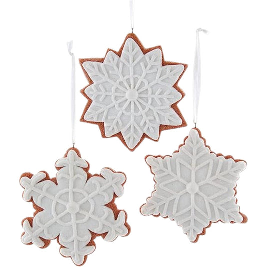 4" Gingerbread White Iced Snowflake Ornaments - Set of 3 Assorted  Elegant Christmas Decorations