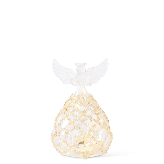 5.25" Glass Lattice Gold Bead LED Angel Ornament with Timer – Elegant Lighted Christmas Decoration