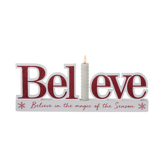 15" Red Glitter “Believe” Table Sign with Flameless Candle – Christmas Holiday Decor