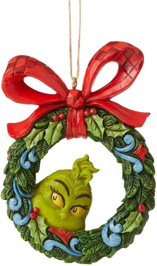 The Grinch Face Peeking Through a Wreath Hanging Ornament, 3.54" H