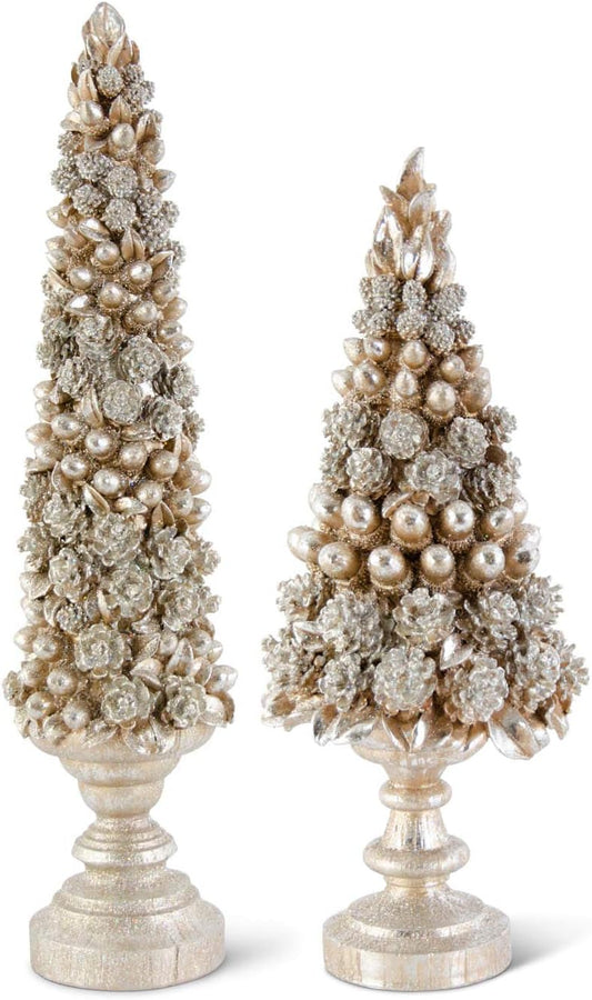 22.5" Gilded Christmas Pinecone and Acorn Trees on Pedestals – Elegant Holiday Decor