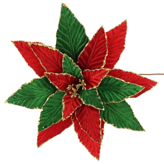 16" Red and Green Velvet Poinsettia Pick with Gold Glitter Trim