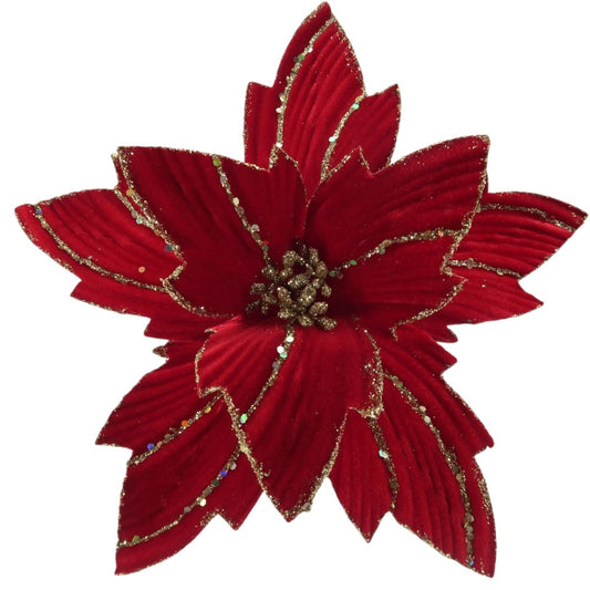 14" Red Velvet Poinsettia Pick with Gold Glitter