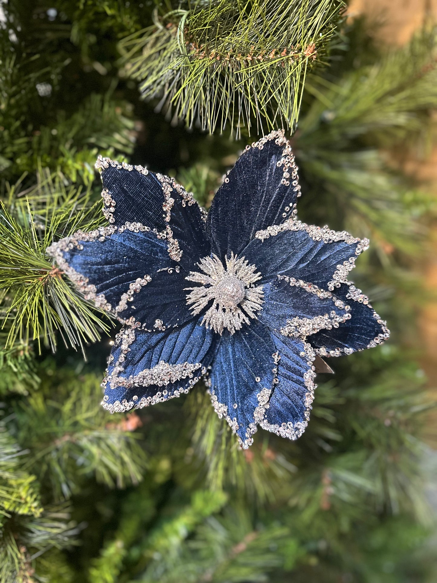 16"-Luxury Navy Velvet Magnolia Pick with Silver Glitter Trim