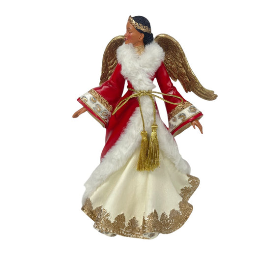 12" African American Christmas Angel Figurine in Red and Gold - Elegant Holiday Decor