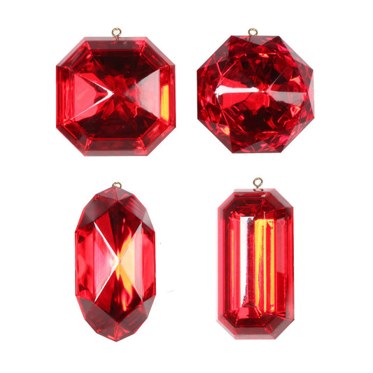 4–5″ Red Rectangle Jewel Glitter Ornaments - Set for 4