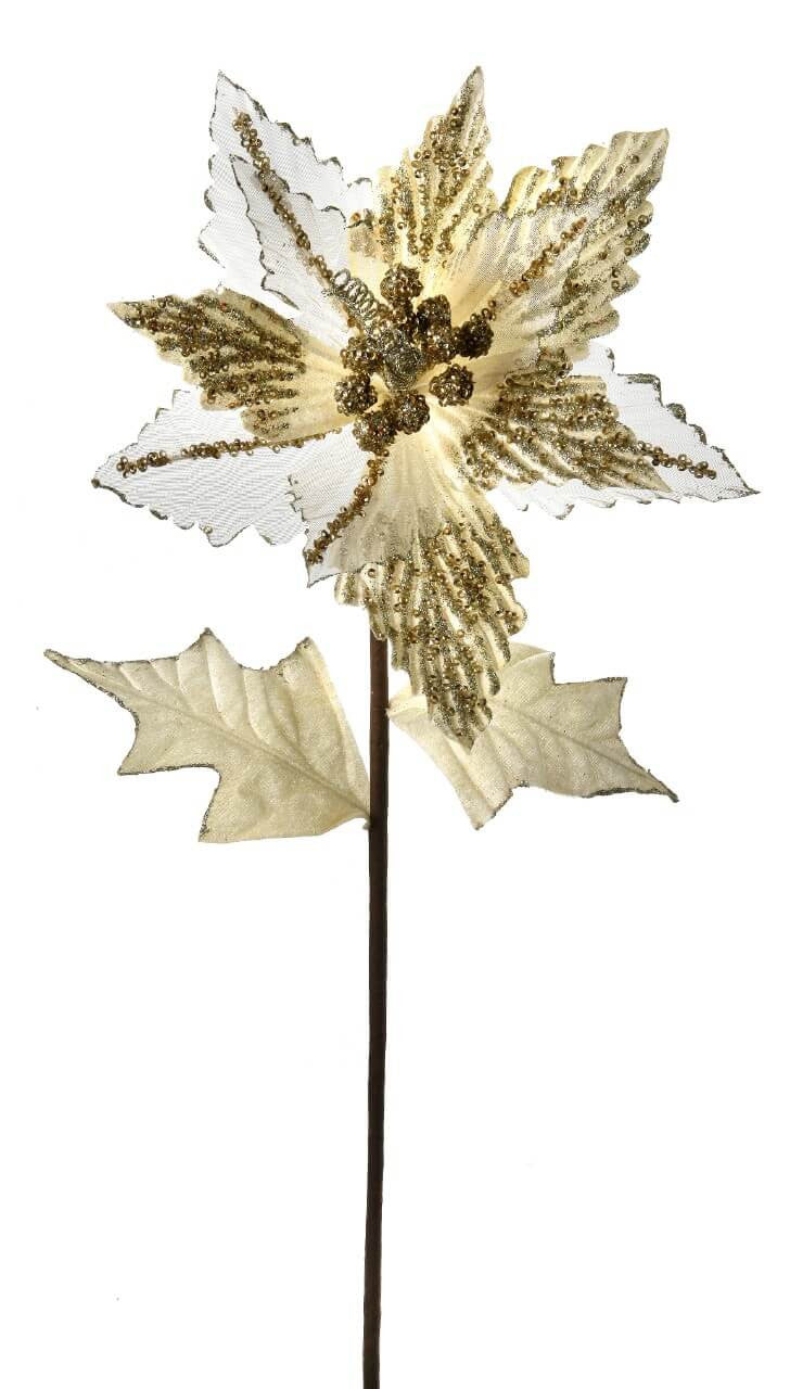 28” Champagne Glitter Velvet Sheer Poinsettia Stem