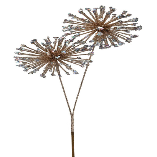 24" Platinum Glitter Sequin Double Starburst Ball Spray – Festive Christmas Floral Pick