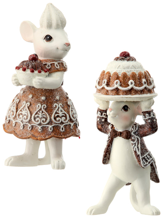 4" Resin Mouse Holding Gingerbread Cake – Set of 2 Assorted Christmas Decorations