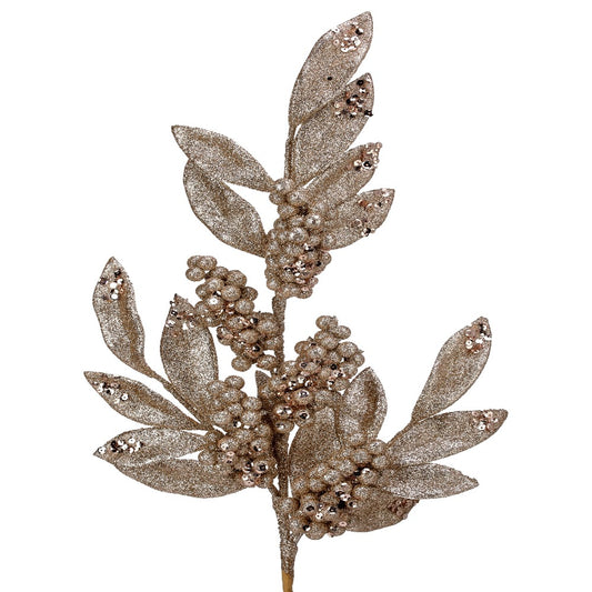 26" Champagne Glitter Berry/Leaf Spray – Elegant Christmas Decoration