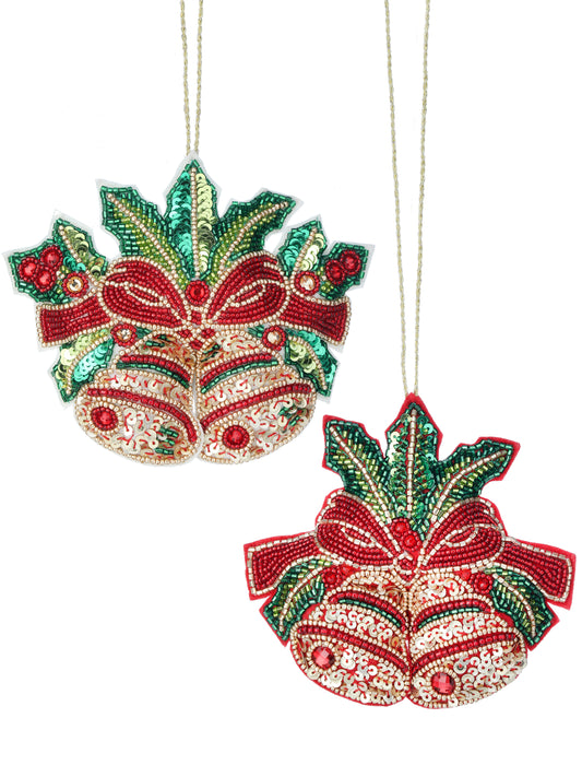 5.5" Sequin with Bead Bell Ornament – Set of 2 Hand-Beaded Christmas Decorations