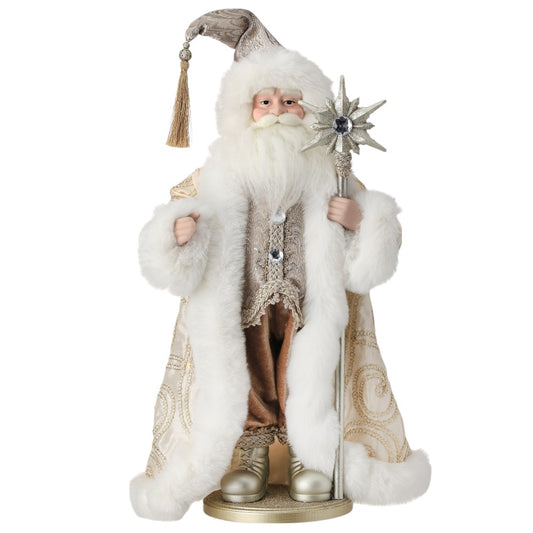 21" Fabric Jewel Santa with Staff on Base – Elegant Christmas Figurine