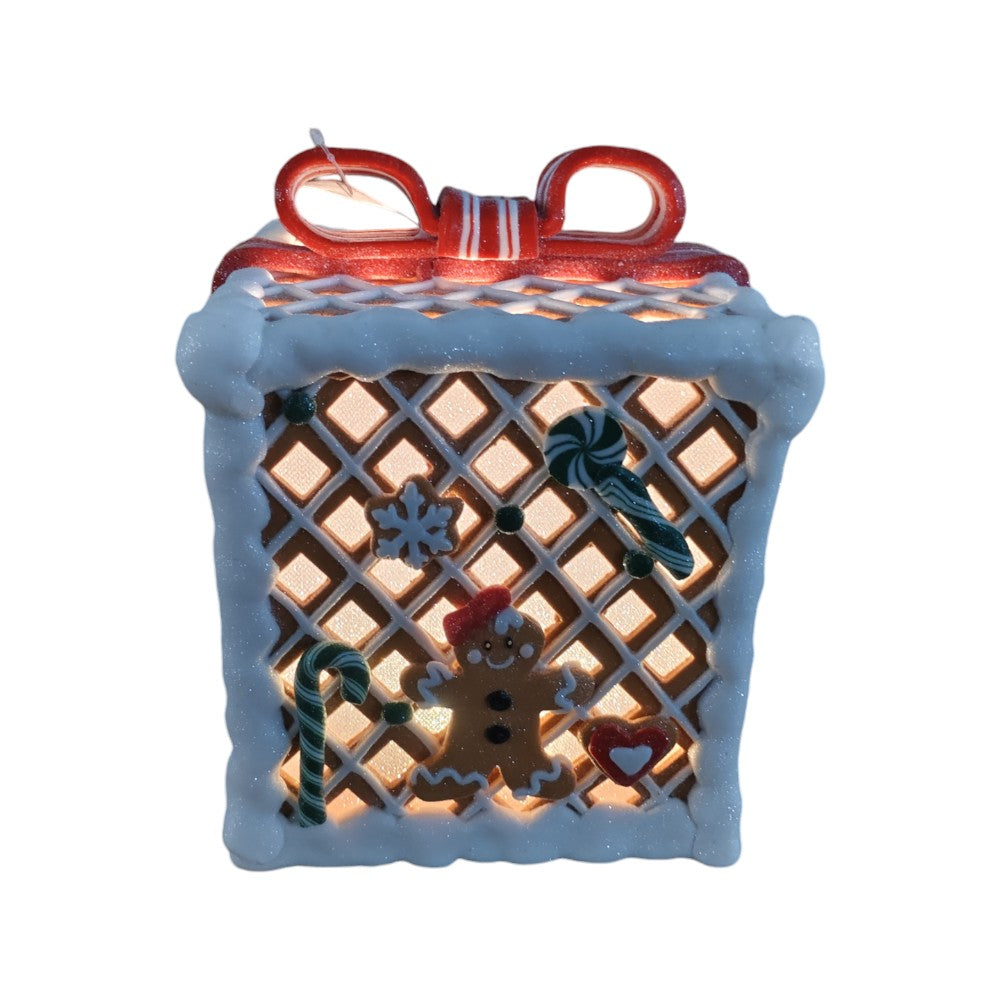 7.9" Gingerbread Candy Gift Box Christmas Decoration with Bow - Red