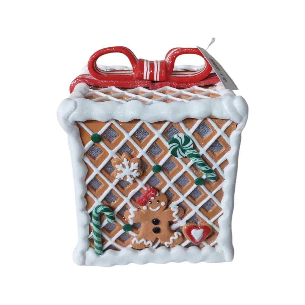 7.9" Gingerbread Candy Gift Box Christmas Decoration with Bow - Red