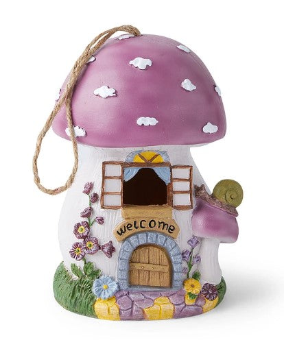 Whimsical Mushroom Fairy House Birdhouse – Hanging Resin Garden Décor with “Welcome” Sign