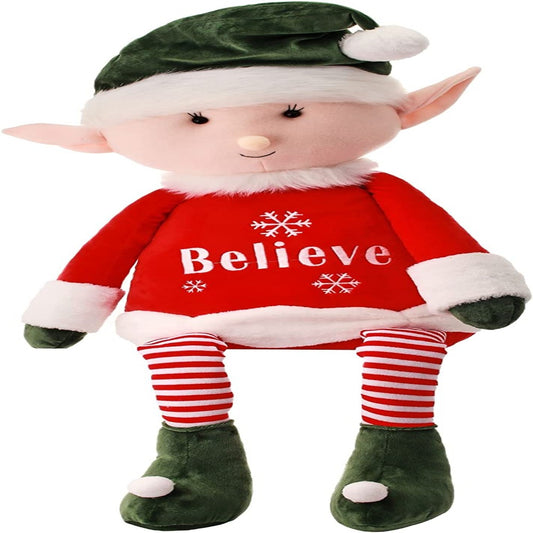 40" Red, Green, and White Fabric Retro Believe Sitting Elf