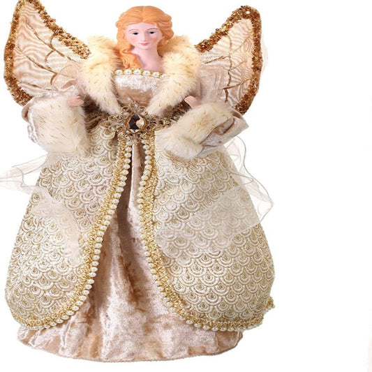 18 Inch Ivory and Gold Angel Christmas Tree Topper with Jeweled, Glittered and Brocade Accents