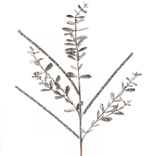 29" Silver Glitter Sequin Boxwood Berry Stick Spray – Festive Christmas Decorative Accent