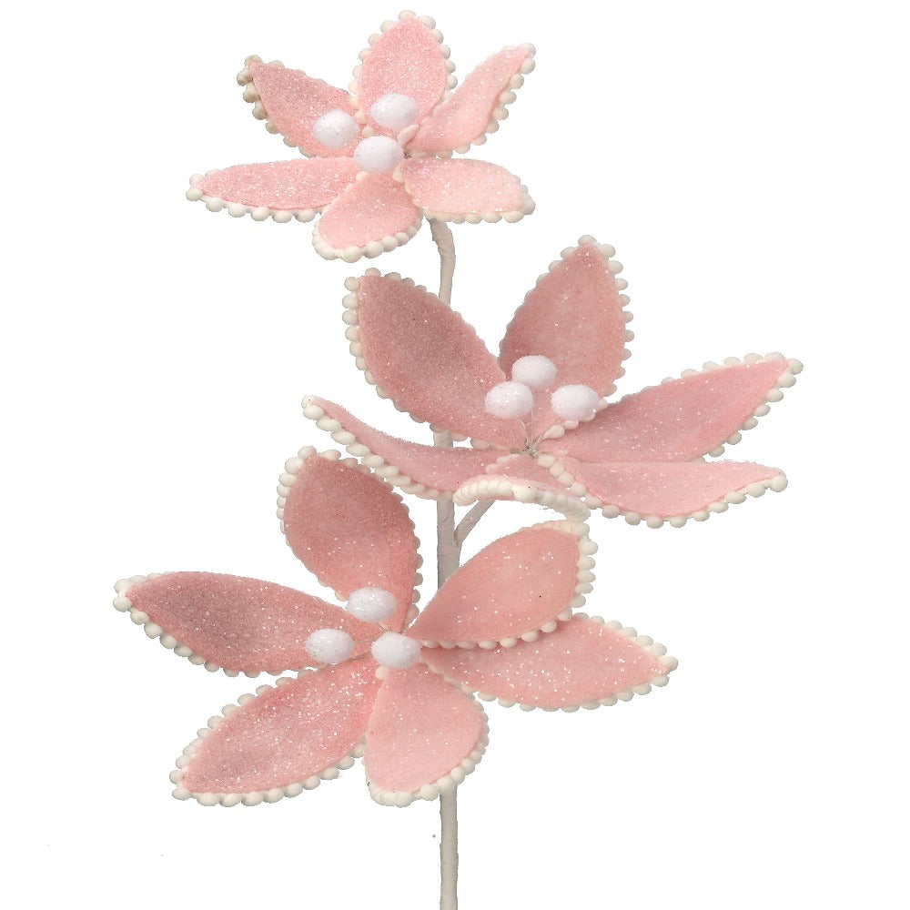 24" Glittered Floral Pick with White Pom-Poms – Winter Wonderland Christmas Decoration