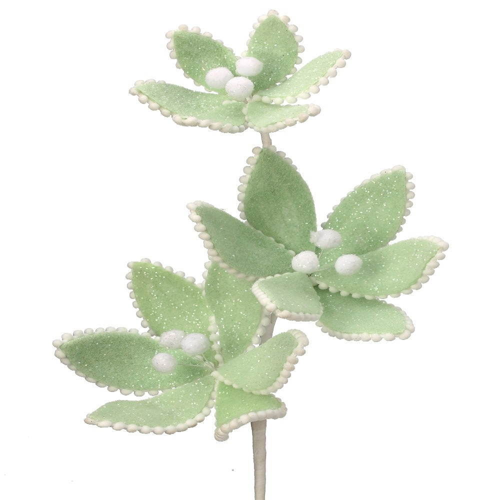 24" Glittered Floral Pick with White Pom-Poms – Winter Wonderland Christmas Decoration