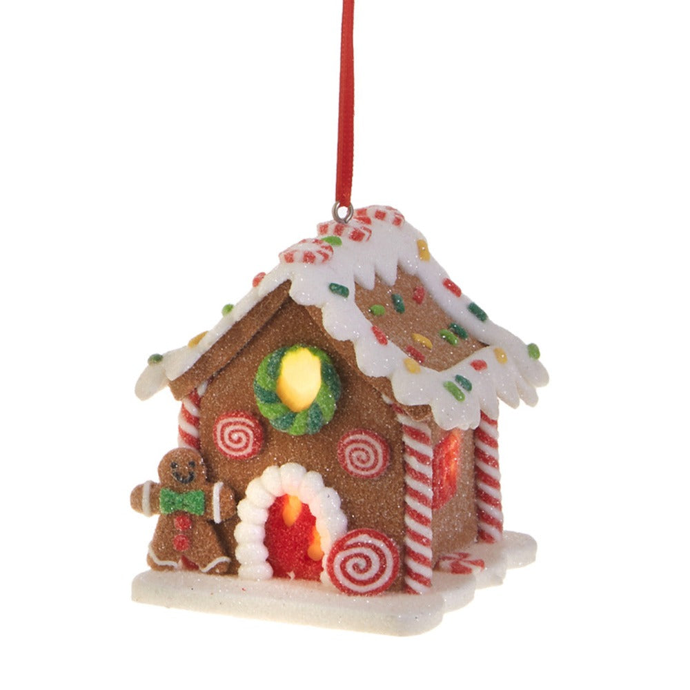 3.25" Cookie and Candy Gingerbread House Ornament/Timer LED Lighted - Festive Christmas Decoration